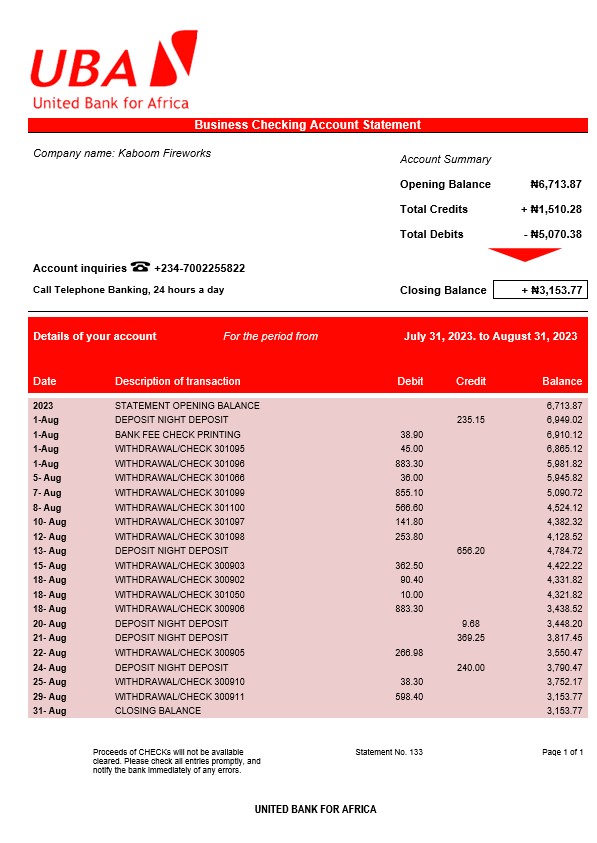 Modèle Word et PDF de relevé de compte de l'organisation United Bank for Africa